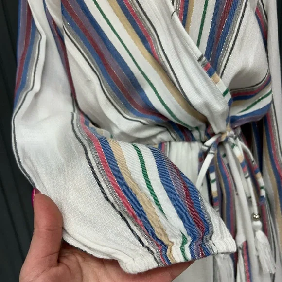 Blue Island White Multi Stripe Wrap Dress Women’s Medium Boho Tassel Tie Lightwe - Picture 10 of 13